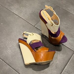 Stylish Women's Wedge Sandals - Cream, Purple, and Brown Lucy 6.5
